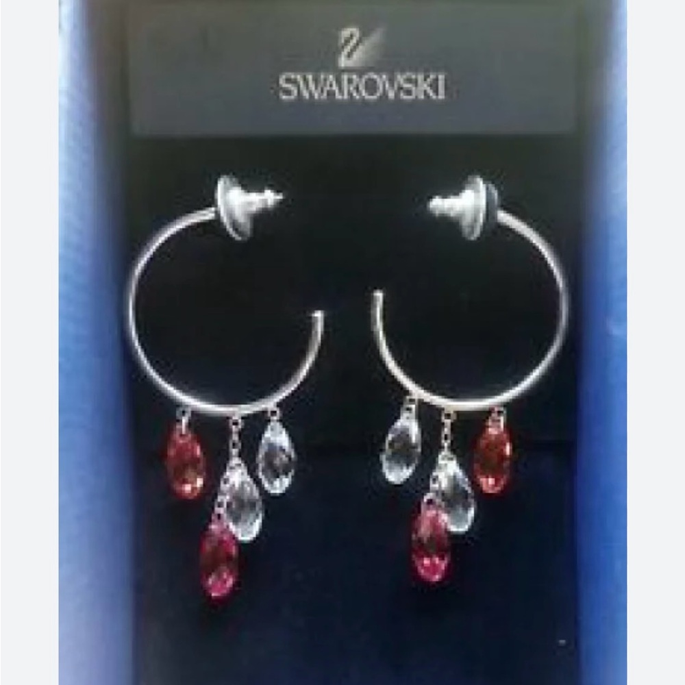 Swarovski Silver Hoop Earrings with Red and Clear Crystals